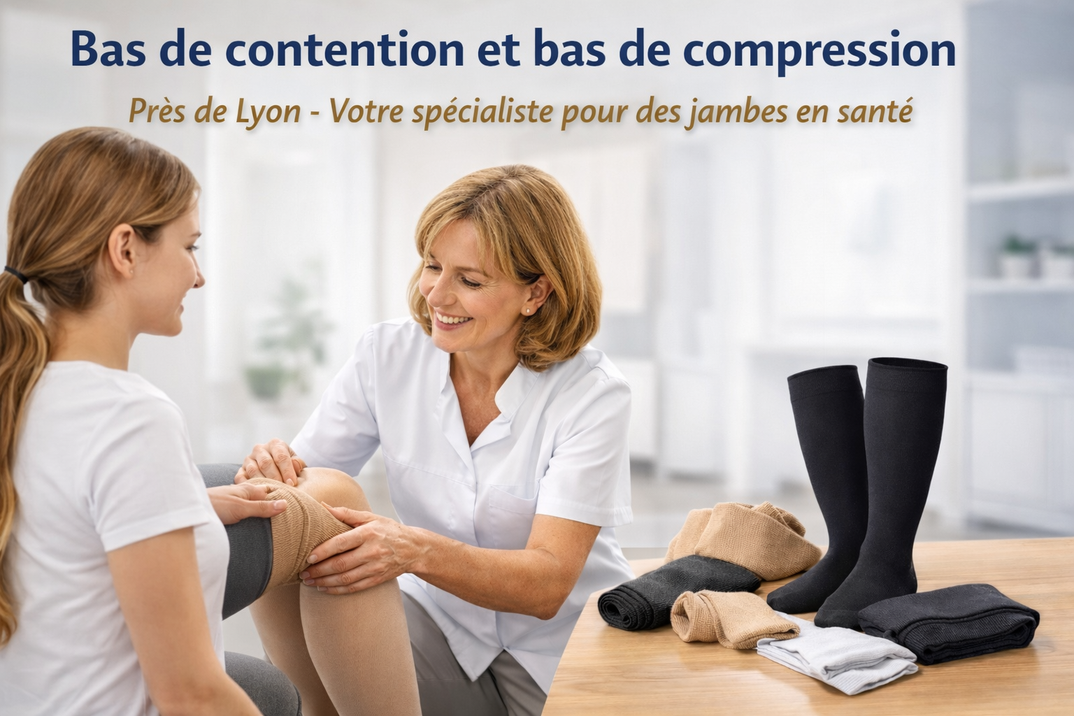 Spécialiste en contention veineuse près de Lyon aidant une jeune patiente à ajuster des bas de contention adaptés